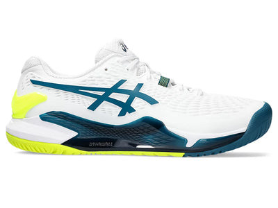 Asics Gel Resolution 9 Wide para hombre, blanco/azul verdoso relajante (1041A376-001)