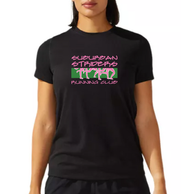 Suburban Striders - Camiseta de manga corta ASICS Ready Set para mujer, color negro (2012b469) (S033)