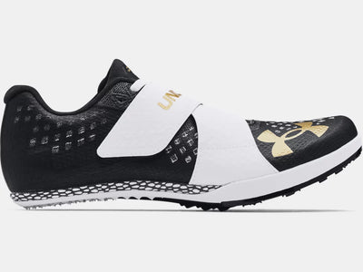 Zapatillas de atletismo con clavos para salto de longitud Skyline unisex de Under Armour, gris azabache, blanco y dorado metalizado (3021863-102)