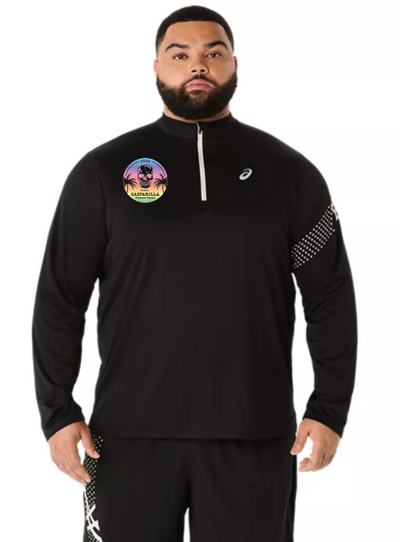 Camiseta ASICS Icon de manga larga con media cremallera para hombre, color negro, Gasparilla Expo 2026 (2011D459) (GAS-47)