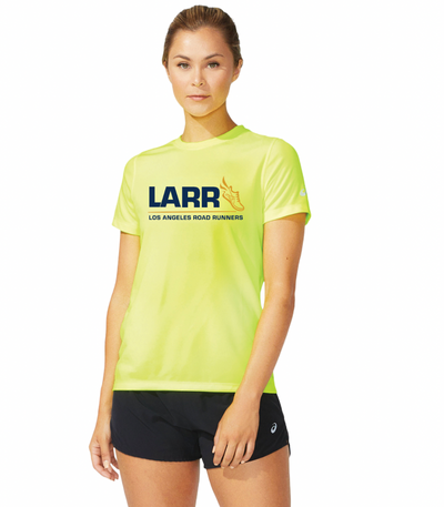 Los Angeles Road Runners - Camiseta de manga corta ASICS Ready Set para mujer, color amarillo seguridad (2012b469) (LARR-04)