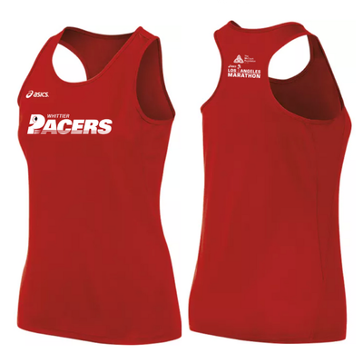 Whittier Pacers Run Club x Maratón de Los Ángeles 2026 - Camiseta sin mangas ASICS Rival II para mujer (TF2934)