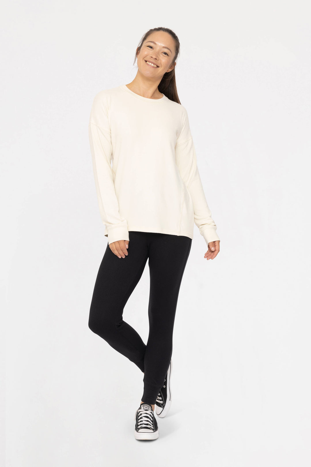 Mono B Brushed Crew Neck Long Sleeve Top - Natural - WOMEN