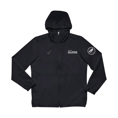 Maratón de Los Ángeles del equipo TMF/ASICS - Chaqueta deportiva ASICS Track Woven FZ para hombre (negra) (2031A759.90) (LA26-08, TMF-06)