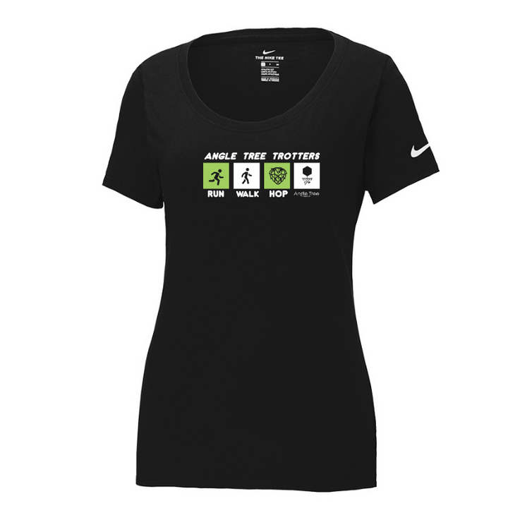 Camiseta de cuello redondo de algodón y poliéster Nike Dri FIT para mujer de Angle Tree Trotters (NKBQ5234)