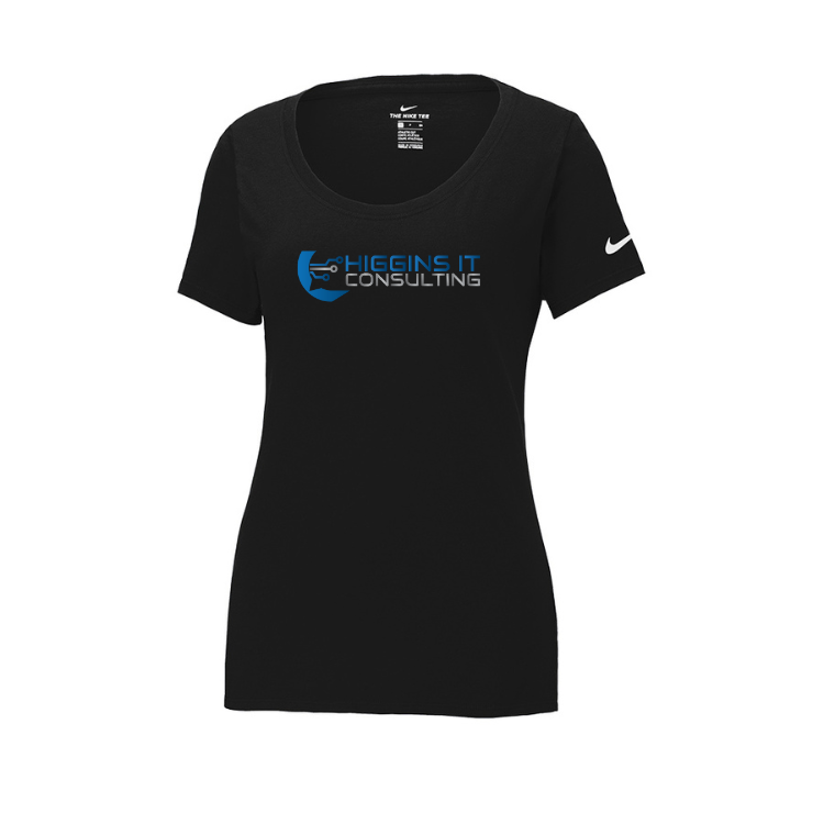 Higgins IT Consulting - Camiseta de cuello redondo de algodón y poliéster Nike Dri FIT para mujer (NKBQ5234)