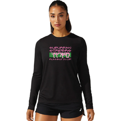 Suburban Striders - Camiseta de manga larga ASICS Ready Set para mujer, color negro (2012b468) (S033)