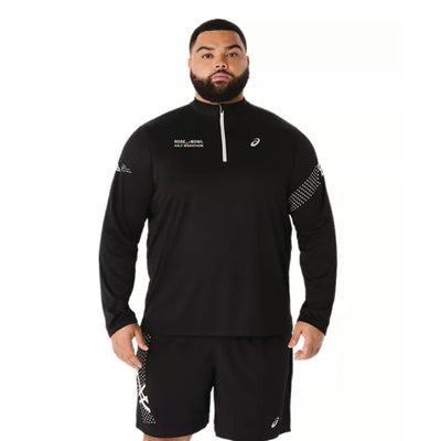 Media Maratón Rose Bowl 2026 - ASICS Icon - Camiseta de manga larga con media cremallera para hombre, color negro (2011D459) (RB26-05)