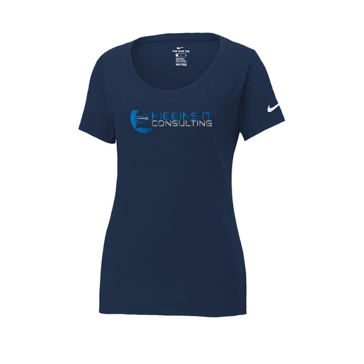 Higgins IT Consulting - Camiseta de cuello redondo de algodón y poliéster Nike Dri FIT para mujer (NKBQ5234)