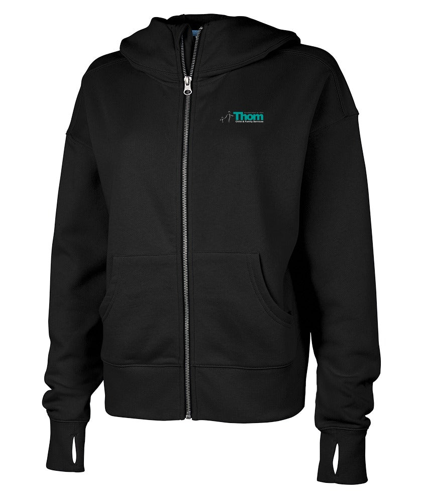 Women's Willow Full Zip Hoodie in Black with Thom Child & Family Services logo