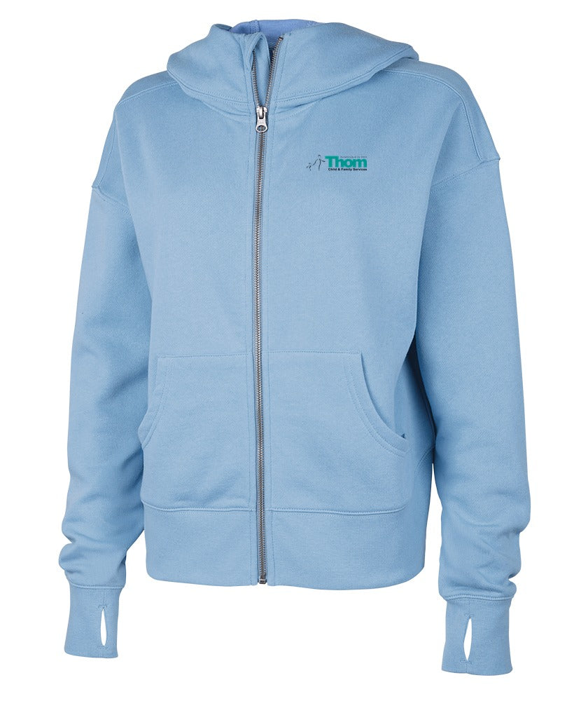 Women's Willow Full Zip Hoodie in Blue Mist with Thom Child & Family Services logo