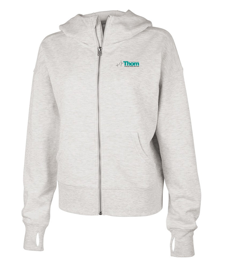 Women's Willow Full Zip Hoodie in Oatmeal Heather with Thom Child & Family Services logo
