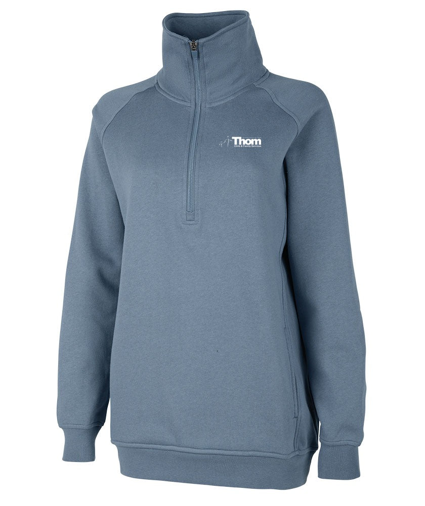 Women's Willow Funnel Neck Tunic in Mineral Blue with Thom Child & Family Services logo