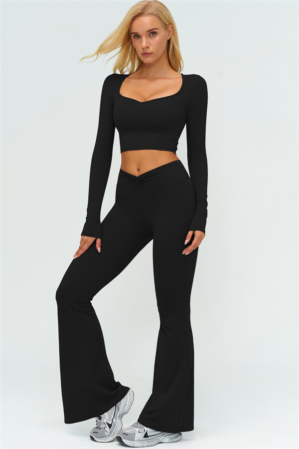 The Lushness Long Sleeve Crop Top Flared Leggings 2-Piece Set