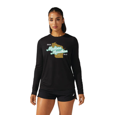 Maratón de Madison 2025 - Camiseta de manga larga ASICS Ready Set para mujer, color negro (2012b468) (MM-01)