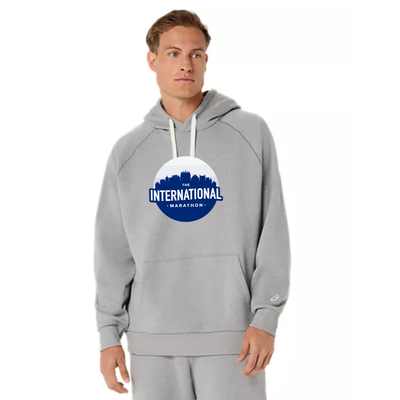 Maratón Internacional - Sudadera con capucha unisex ASICS de forro polar, color gris jaspeado (2031F470)