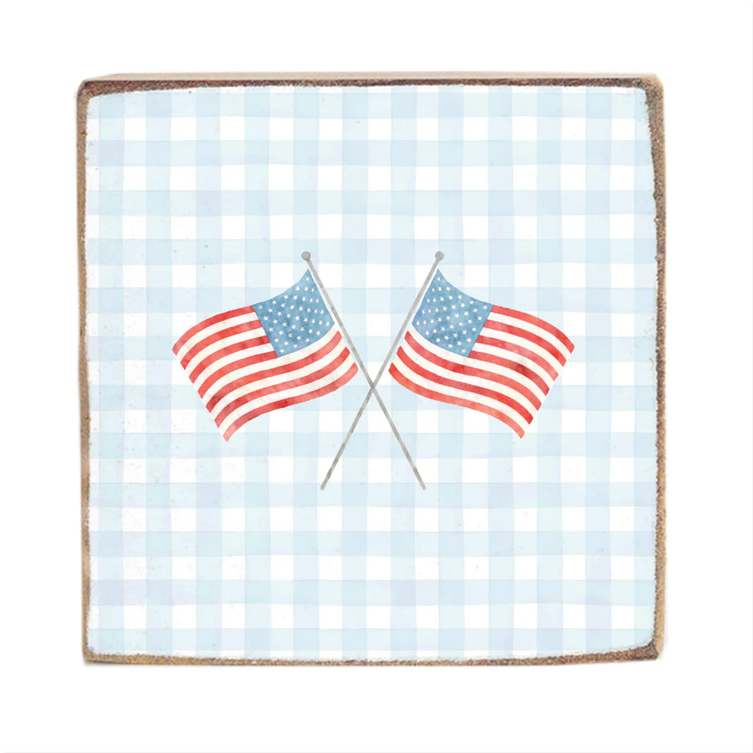 American Flags Crossed Gingham Block Sign