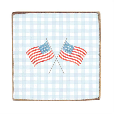 American Flags Crossed Gingham Block Sign