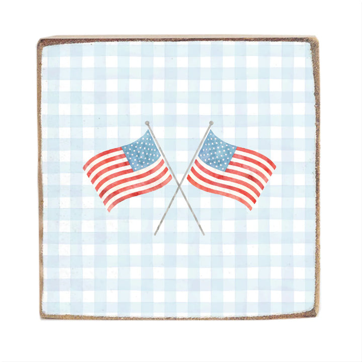 American Flags Crossed Gingham Block Sign