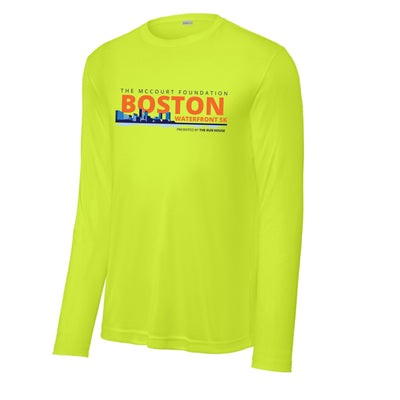 Camiseta deportiva unisex de manga larga amarilla neón (ST350LS), logotipo oficial de Waterfront 5K (W003)