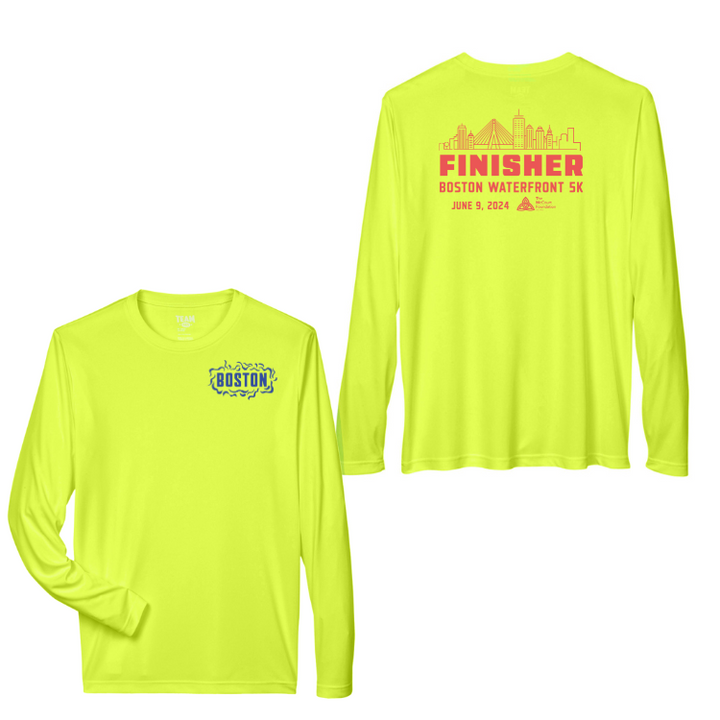 Camiseta deportiva unisex de manga larga de color amarillo de seguridad (TT11L) con el contorno de la ciudad de Waterfront 5K Finisher (W001)