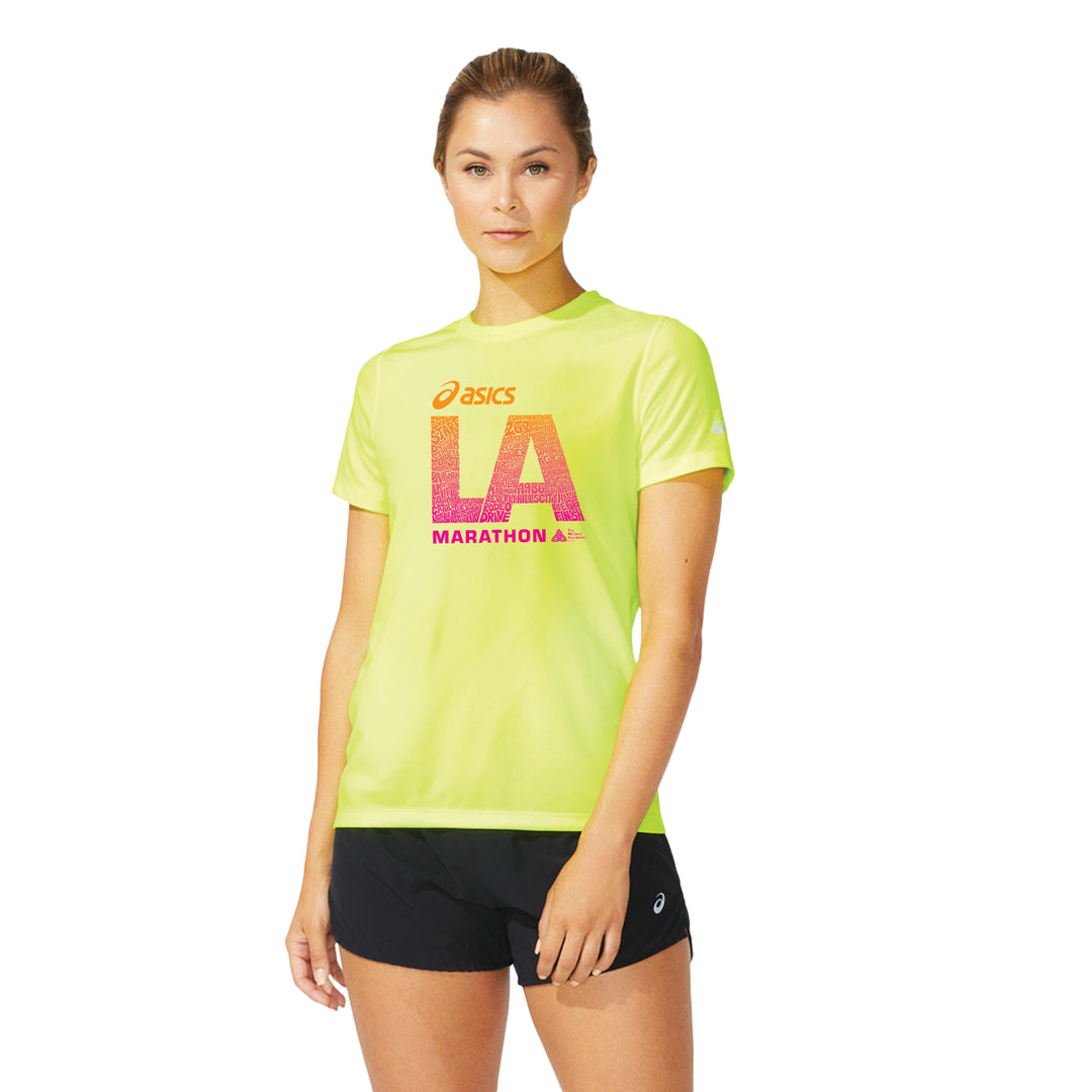 Maratón de Los Ángeles ASICS 2026 - Camiseta de manga corta ASICS Ready Set para mujer, color amarillo seguridad (2012b469) (LA26-13, LA26-14)