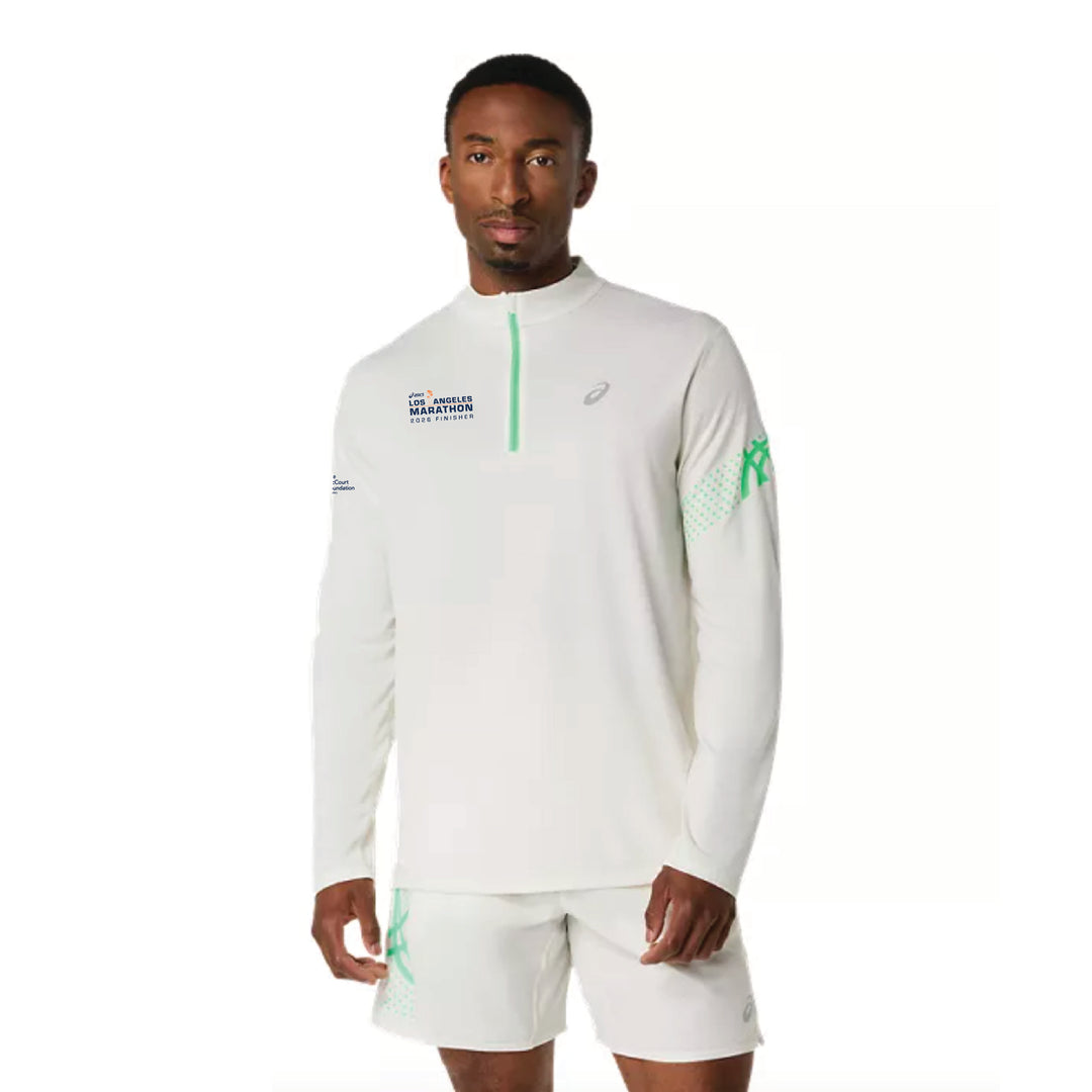Maratón de Los Ángeles ASICS 2026 FINISHER - Camiseta ASICS Icon de manga larga con media cremallera para hombre, color crema/verde vital (2011D459) (LA26-34)