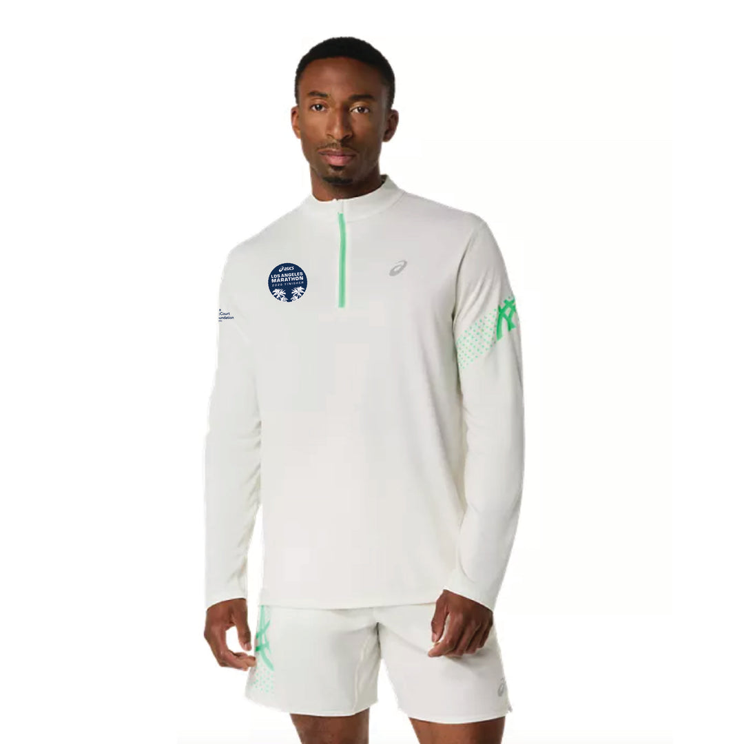 Maratón de Los Ángeles ASICS 2026 FINISHER - Camiseta ASICS Icon de manga larga con media cremallera para hombre, color crema/verde vital (2011D459) (LA26-34)