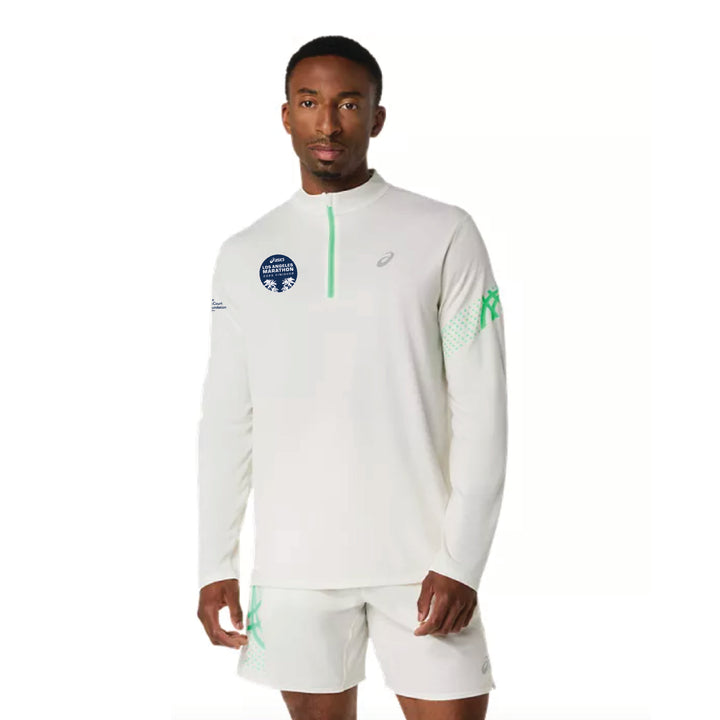 Maratón de Los Ángeles ASICS 2026 FINISHER - Camiseta ASICS Icon de manga larga con media cremallera para hombre, color crema/verde vital (2011D459) (LA26-34)