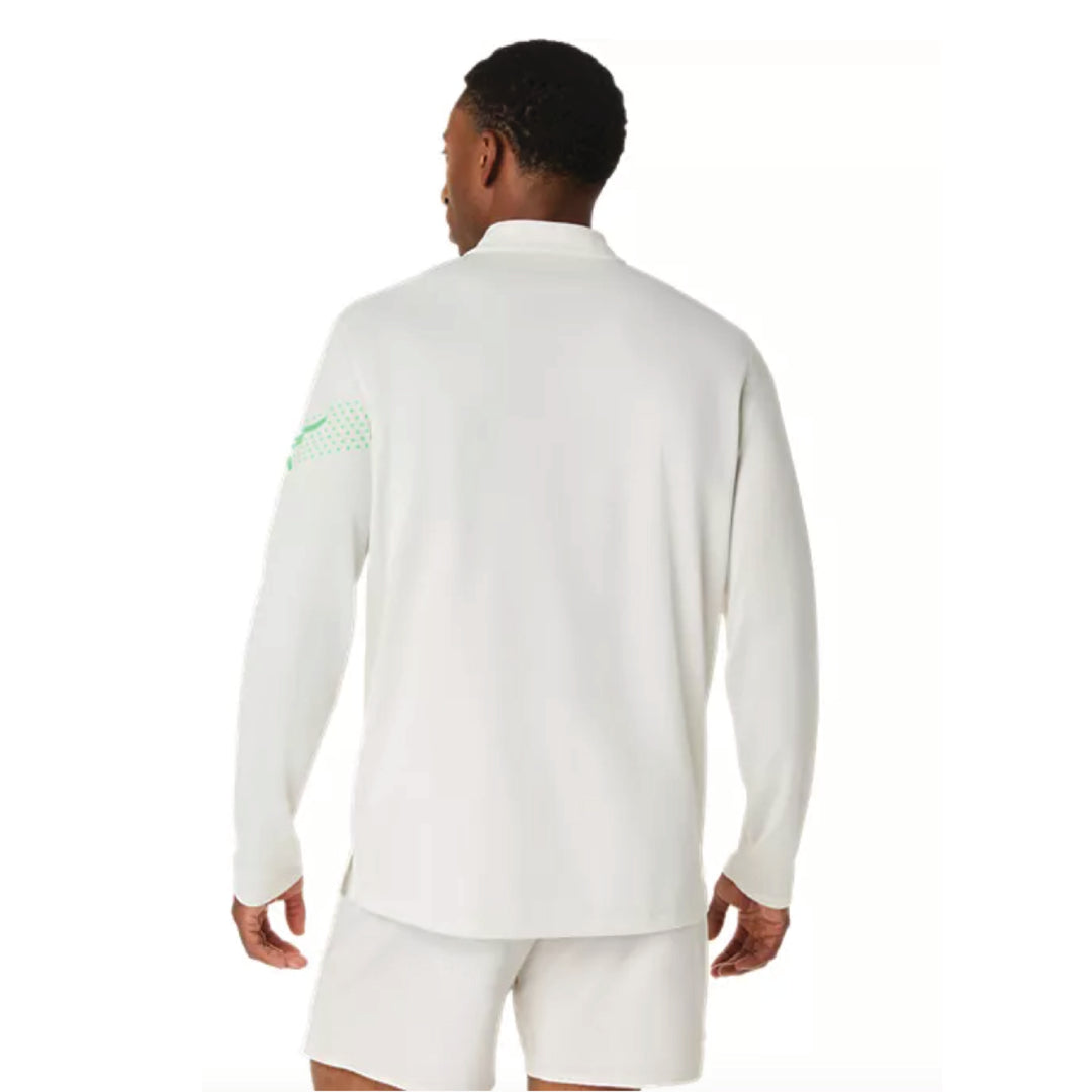 Maratón de Los Ángeles ASICS 2026 FINISHER - Camiseta ASICS Icon de manga larga con media cremallera para hombre, color crema/verde vital (2011D459) (LA26-34)