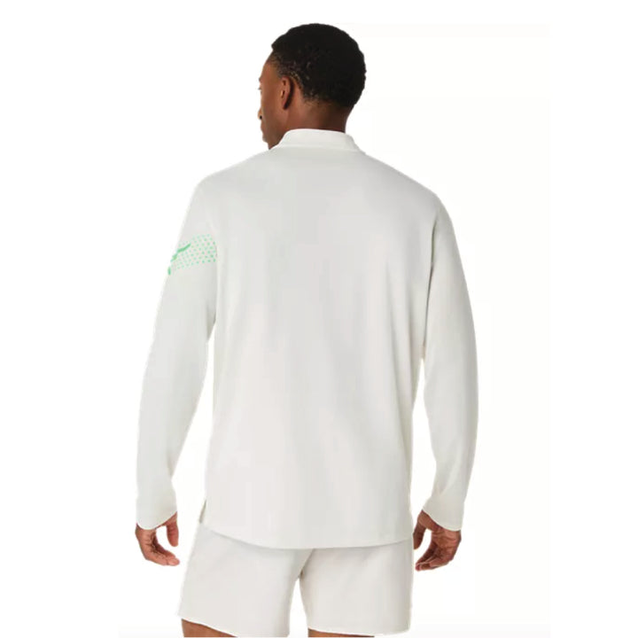 Maratón de Los Ángeles ASICS 2026 FINISHER - Camiseta ASICS Icon de manga larga con media cremallera para hombre, color crema/verde vital (2011D459) (LA26-34)