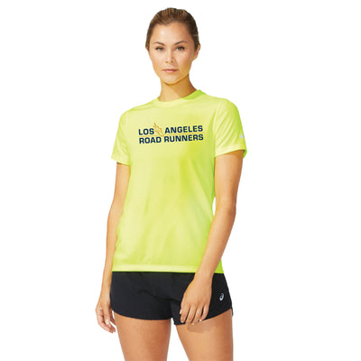 Los Angeles Road Runners - Camiseta de manga corta ASICS Ready Set para mujer, color amarillo seguridad (2012b469) (LARR-01)