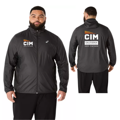 Finalista oficial del Maratón Internacional de California 2025 - Chaqueta ASICS plateada negra para hombre (2011D235) (LC: CIM-04, Espalda: CIM-02)