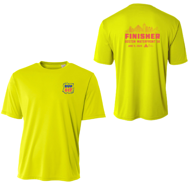 Camiseta deportiva unisex de color amarillo de seguridad con el contorno de la ciudad de Boston Waterfront 5K (W001) (N3402)