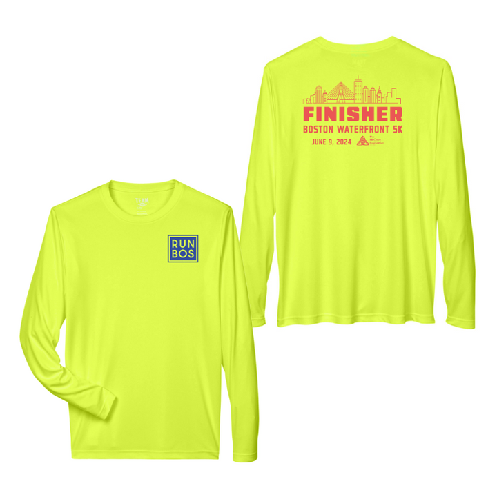 Camiseta deportiva unisex de manga larga de color amarillo de seguridad (TT11L) con el contorno de la ciudad de Waterfront 5K Finisher (W001)