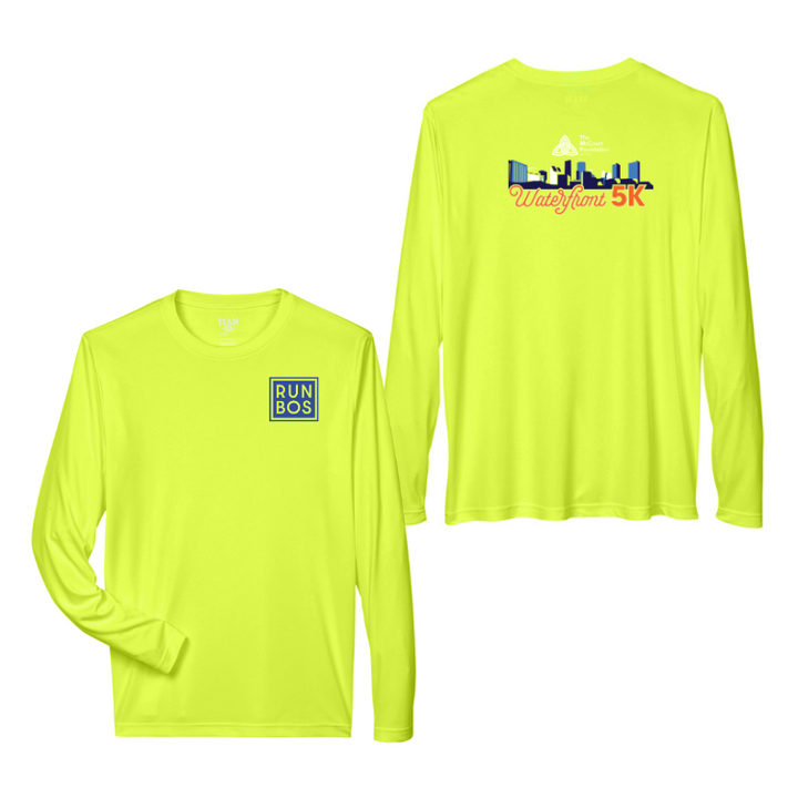 Camiseta de manga larga unisex de rendimiento de color amarillo de seguridad (TT11L) con logotipo oficial de Waterfront 5K (W003)