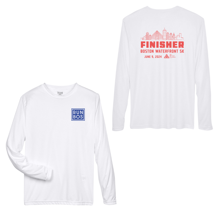 Camiseta deportiva unisex de manga larga blanca (TT11L) con diseño de ciudad Waterfront 5K Finisher (W001)