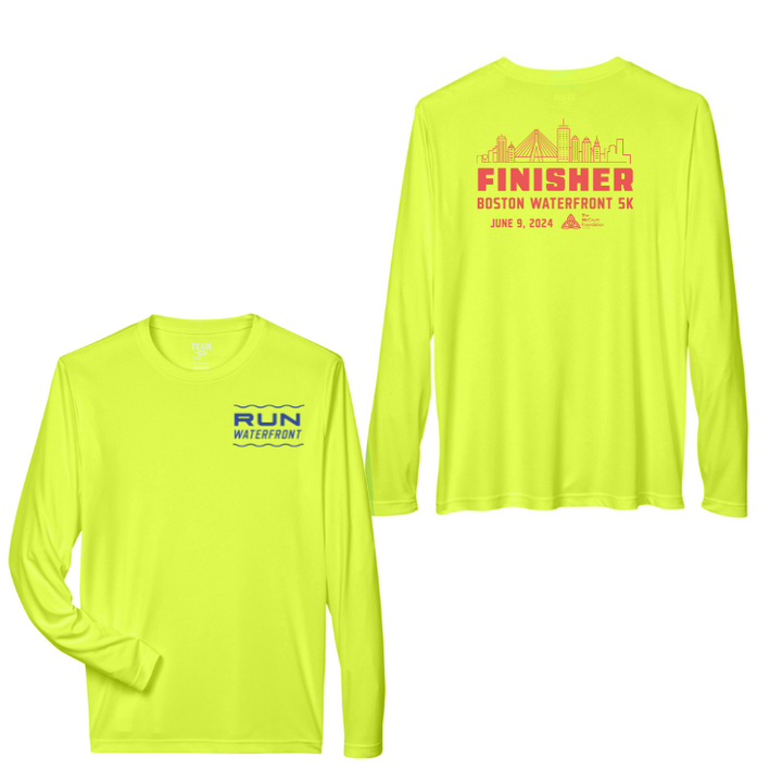 Camiseta deportiva unisex de manga larga de color amarillo de seguridad (TT11L) con el contorno de la ciudad de Waterfront 5K Finisher (W001)