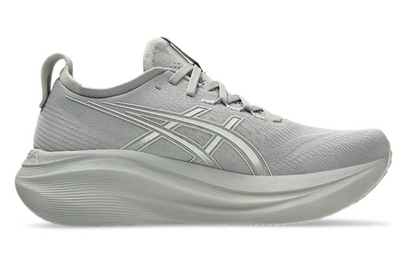 Gray running shoe with a prominent brand logo on a white background