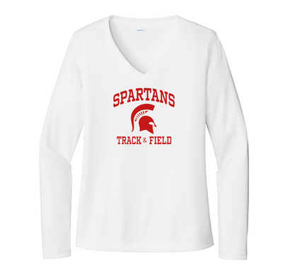 East Longmeadow Track & Field - Camiseta deportiva de manga larga con cuello en V para mujer (LST353LS) 