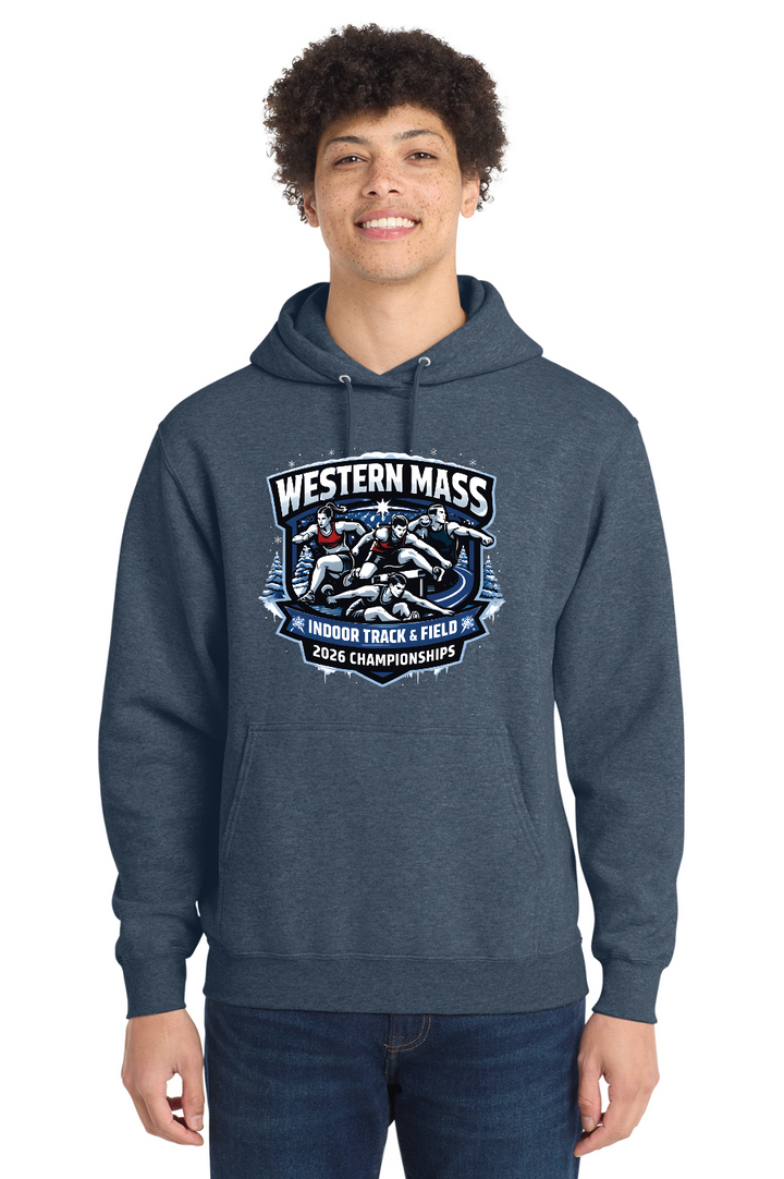 Sudadera con capucha oficial del campeonato unisex Western MA Indoor T&F 2026 (PC78H)
