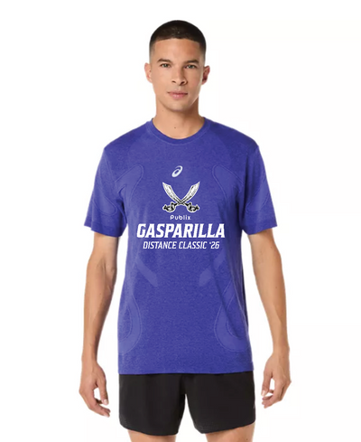 Camiseta ASICS de manga corta sin costuras para carretera Gasparilla Expo 2026 para hombre, color cobalto/berenjena (2011D355) (GAS-09)