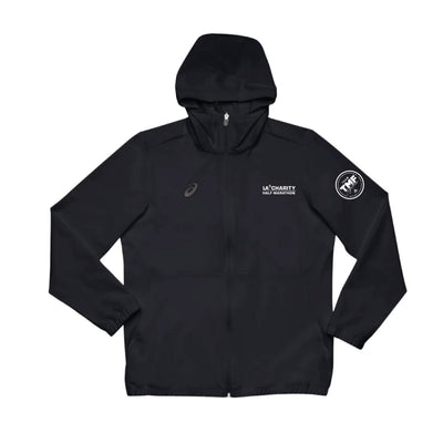 Media Maratón Benéfica Team TMF/LA - Chaqueta ASICS Track Woven FZ para hombre (negra) (2031A759.90) (LA26-22, TMF-06)