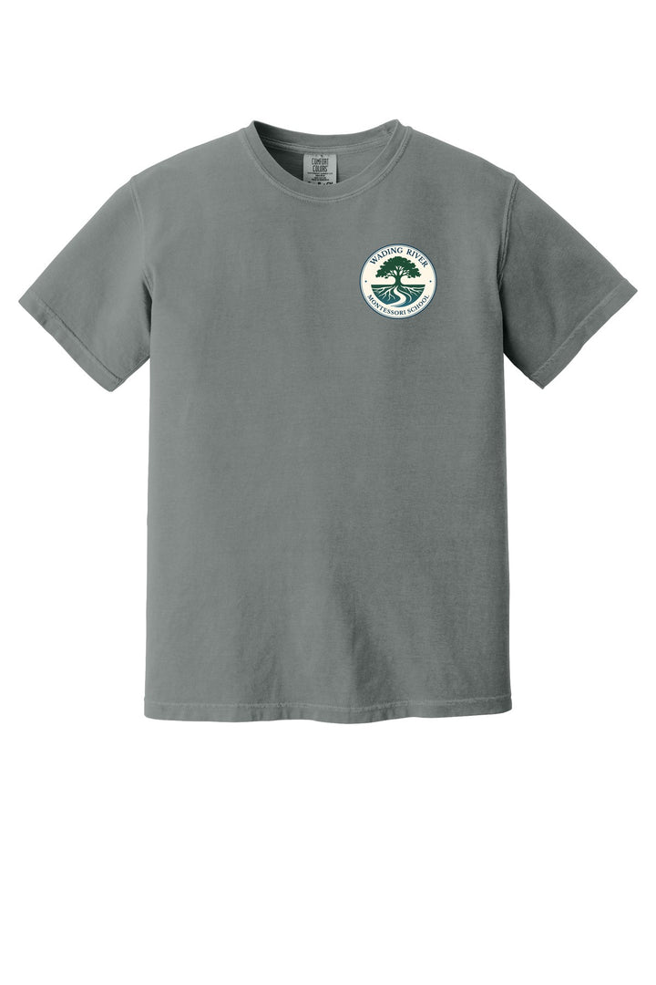 Wading River Montessori COMFORT COLORS Heavyweight Ring Spun Tee in Grey with left chest Wading River Montessori School tree logo