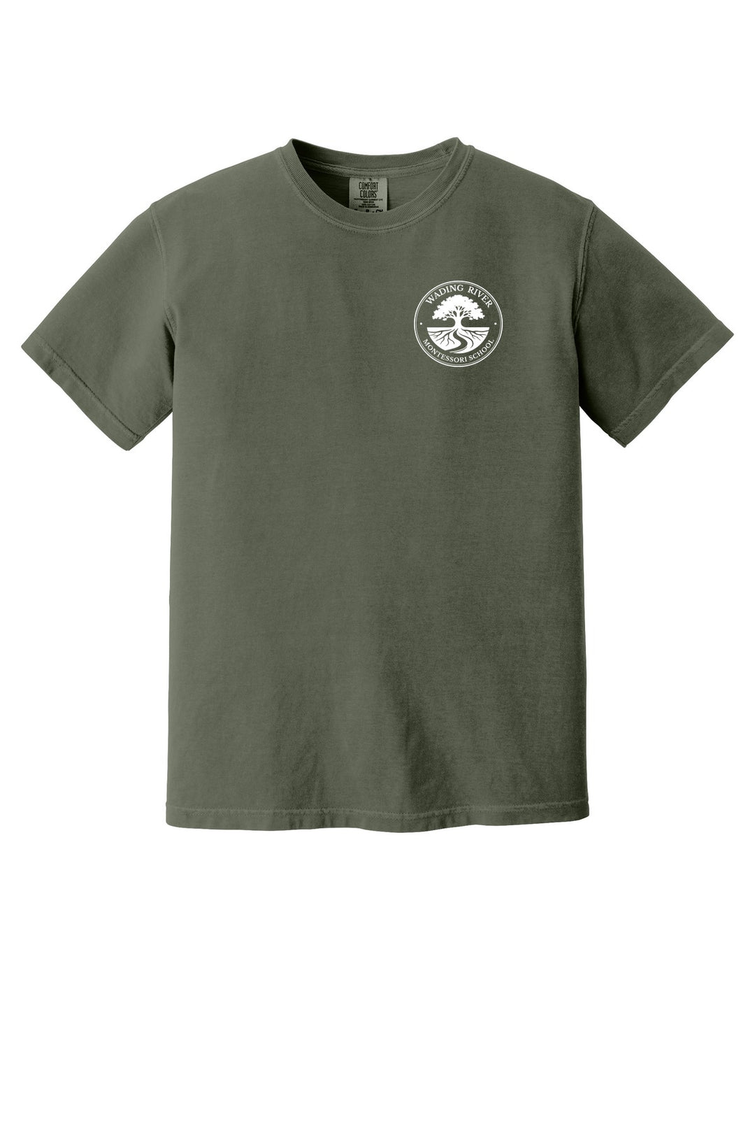 Wading River Montessori COMFORT COLORS Heavyweight Ring Spun Tee in Moss with left chest Wading River Montessori School tree logo