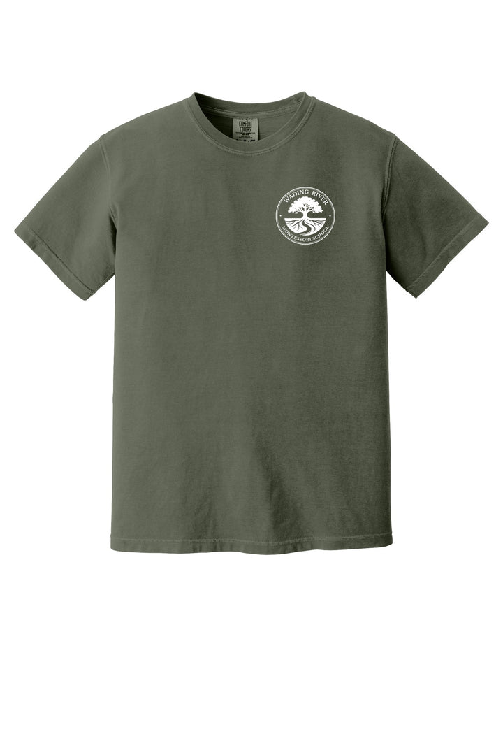 Wading River Montessori COMFORT COLORS Heavyweight Ring Spun Tee in Moss with left chest Wading River Montessori School tree logo