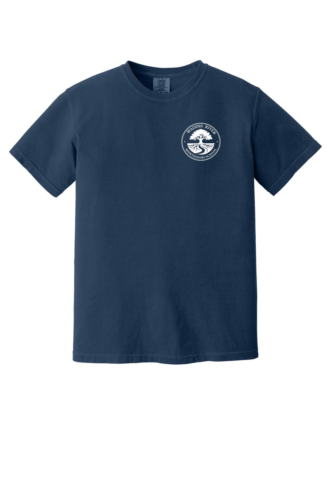 Wading River Montessori COMFORT COLORS Heavyweight Ring Spun Tee in True Navy with left chest Wading River Montessori School tree logo