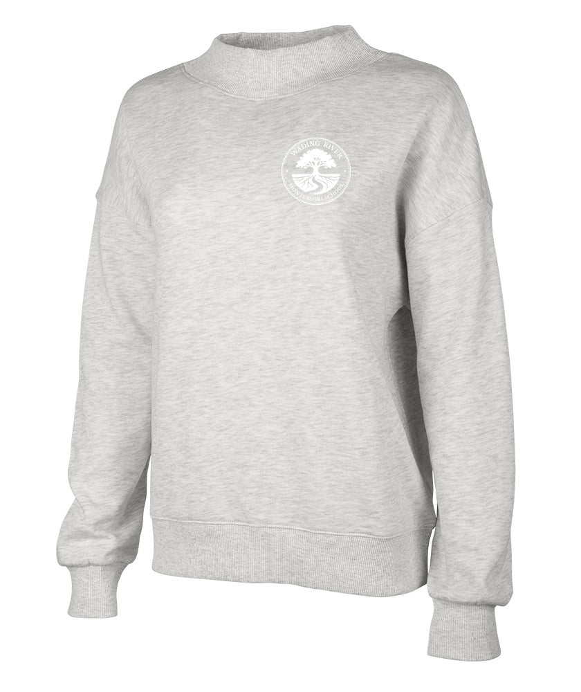 Wading River Montessori Women's Willow Mock-Neck Sweatshirt in Oatmeal Heather with left chest Wading River Montessori School tree logo