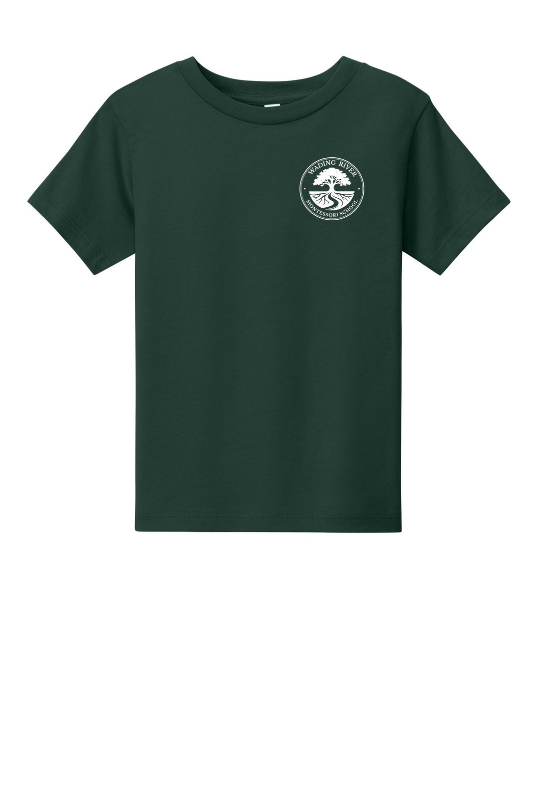 Wading River Montessori BELLA+CANVAS Toddler Short Sleeve Tee in Forest with left chest Wading River Montessori School tree logo