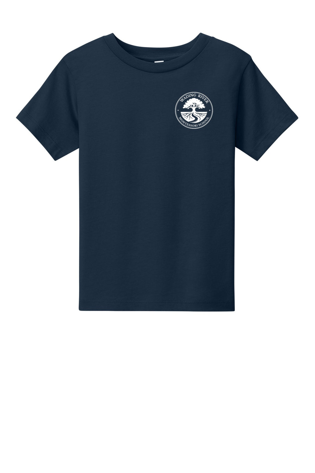 Wading River Montessori BELLA+CANVAS Toddler Short Sleeve Tee in Navy with left chest Wading River Montessori School tree logo
